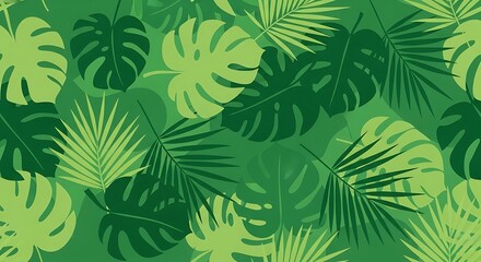 Green Tropical Foliage Pattern: Monstera & Palm Leaves in Dense Vector Illustration
