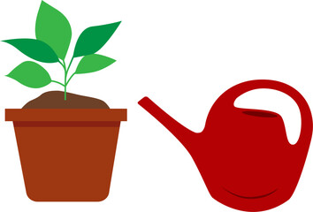 A flower pot with green plant and watering can. Vector illustration with transparent background.	