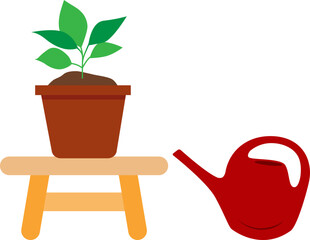 A flower pot with green plant standing on the bench and watering can. Vector illustration with transparent background.	