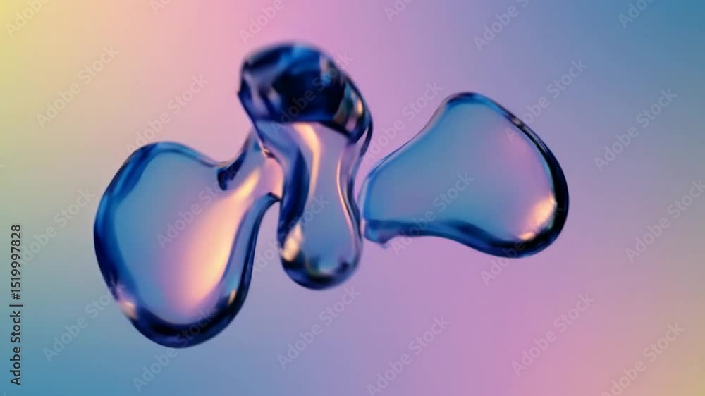 Poster glossy, reflective morphing blobs dynamically changing shape across gradient background, creating me