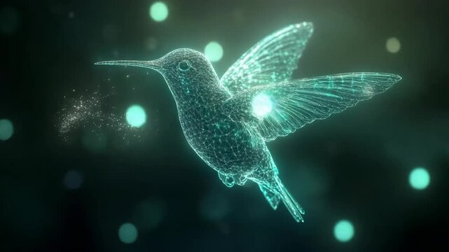 Digital hummingbird animation with wireframe mesh and glowing particles, showcasing advanced technology