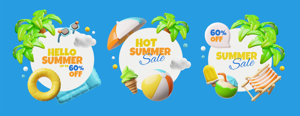 3D vector set of round frames with beach attributes, for seasonal hot discounts.