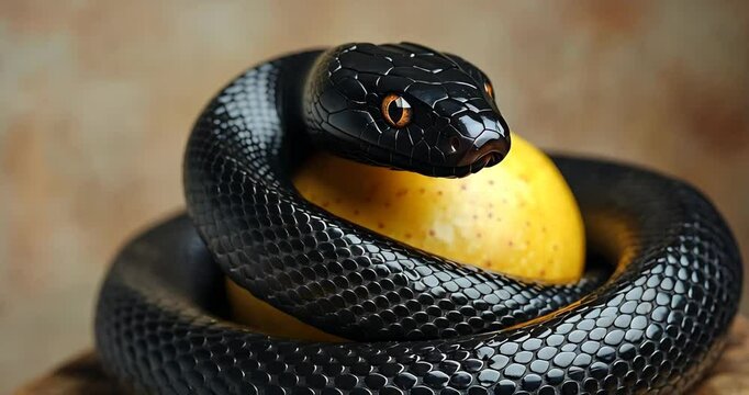 A black mamba snake coiled around a yellow fruit on a wooden surface.