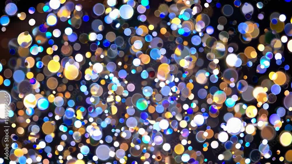 Poster colorful particles are floating and swirling on a dark background, creating a mesmerizing visual eff