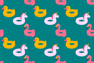 Seamless pattern with flamingo, unicorn, and duck pool floats on dark teal background, designed for summer prints and products