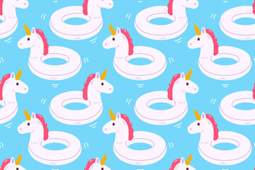 Seamless summer pattern with white unicorn pool floats on blue background, ideal for swim products, fabric, and vacation-themed decor