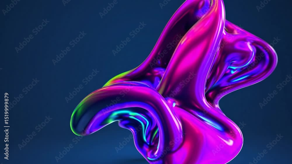 Poster colorful, iridescent, and reflective liquid shapes smoothly morph and transform against a vibrant bl