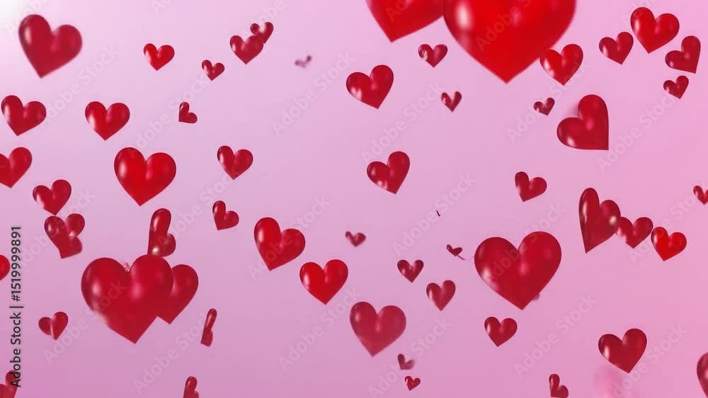 Poster shiny red hearts gently float and fall against a soft pink backdrop, creating a romantic and dreamy 