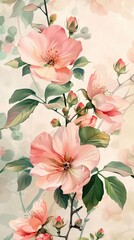 Delicate Pink Floral Illustration, Blossoming Branches, Pastel Background, Wallpaper Design