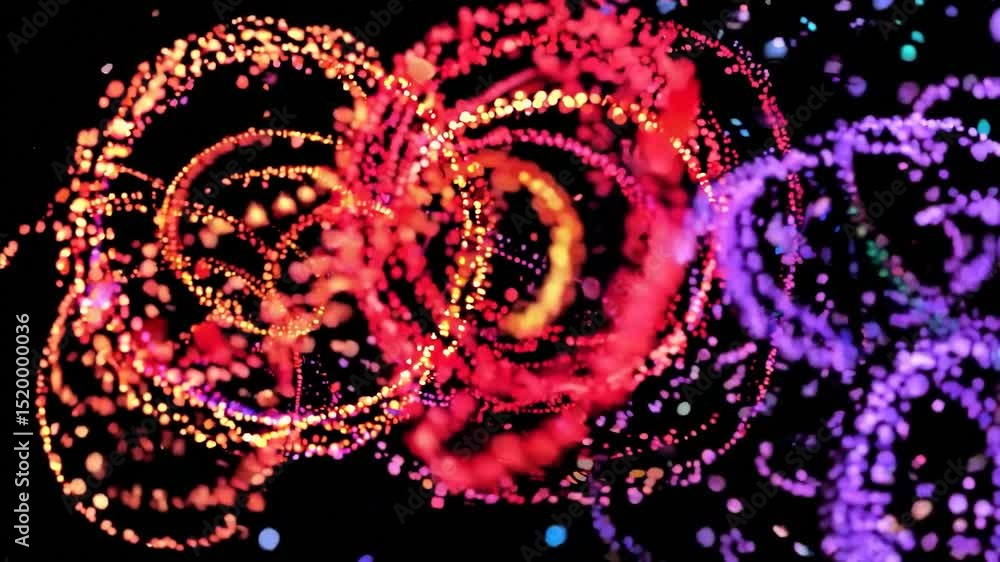Poster vibrant, rotating particles swirling dynamically and forming luminous circles against deep black bac