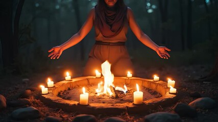 A woman performs an ancient rite, a mystical ritual in the night forest by a fire in a magic circle of stones and flickering candles. Smoke rises, flames waver.