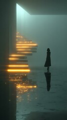 Fototapeta premium A figure stands alone in a misty, illuminated space.