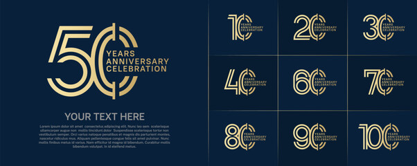 Anniversary logo type set with double line number. golden color for celebration event