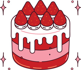 A simple birthday chocolate cake with red ribbon and fruit decorations in a cartoon vector style