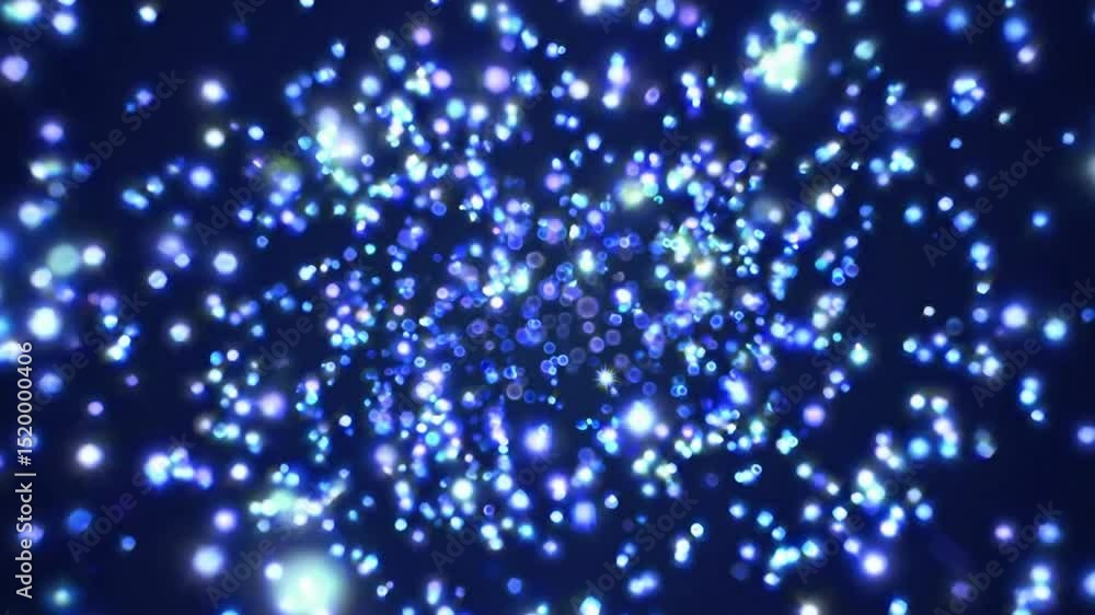 Poster vibrant blue particles expanding dynamically within cosmic space, generating mesmerizing spherical s