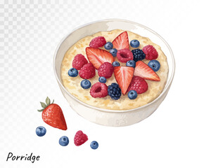 Watercolor bowl of oatmeal porridge with fresh strawberries, blueberries and raspberries, perfect for breakfast and healthy food designs. Vector illustration