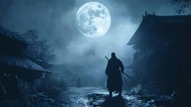 Mysterious swordsman on a solitary path under a bright moon, exploring ancient villages