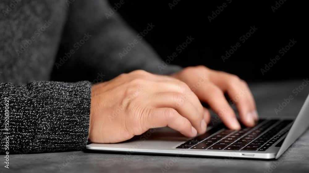 Poster digital connection: a close-up shot captures a person’s focused hands typing on a sleek laptop, high
