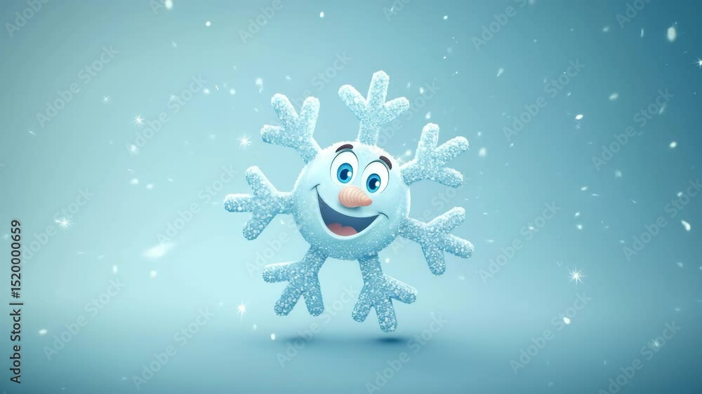 Poster beautiful snowflake with happy face expression is gently rotating on light blue background with ligh