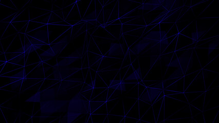 Blue flashing lines and dots with multiple polygon shape on black background, dark futuristic 3d...