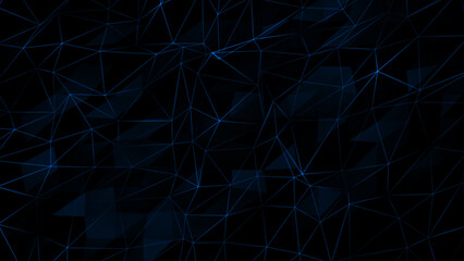 Royal blue flashing lines and dots with multiple polygon shape on black background, dark futuristic...