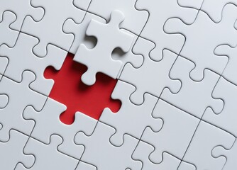 The last piece in the puzzle. Jigsaw puzzle on red background