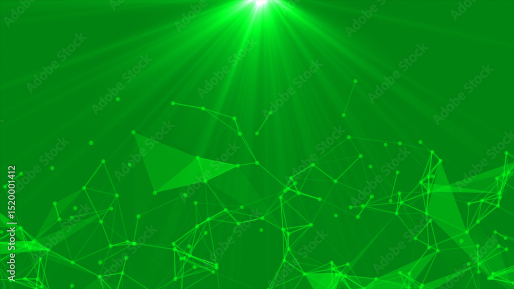 Poster modern lines and dots plexus with light rays futuristic green background