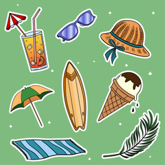 Summer travel set collections with different elements icon stickers. Hand drawn outline summer vibe set. Summer time tropical elements