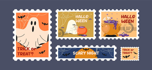 A set of Halloween postage stamps. Ghost, cauldron, witch's potion, bats, spider web. Mail sticker templates. Flat vector illustration.