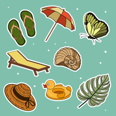 Summer travel set collections with different elements icon stickers. Hand drawn outline summer vibe set. Summer time tropical elements