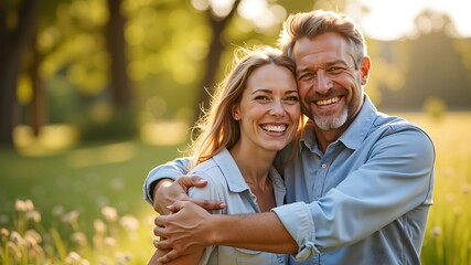 Fototapeta premium Happy cheerful couple young woman and man hugging and laughing outdoors in summer, theme of care, relationships and love 