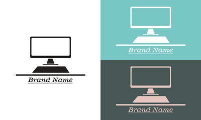 Minimalist computer desk logo with modern monitor on sleek stand, flat design style, clean lines, balanced composition, italic serif font for brand name, three color variations in black on white, 