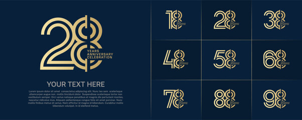 Anniversary logo type set with double line number. golden color for celebration event