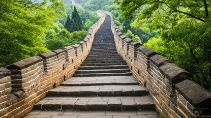Close-up of weathered stone stairs on the Great Wall leading up a steep incline