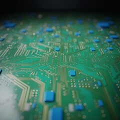 &ldquo;Macro shot of circuit board close-up with shallow Bokeh background, studio lighting with dramatic contrast, hyper-realistic details, 300 DPI print-ready, commercial use allowed.&rdquo;