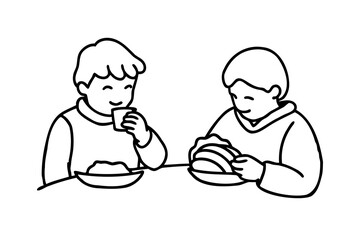Two boys enjoying a meal together lineart illustration