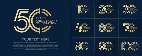 Anniversary logo type set with double line number. golden color for celebration event