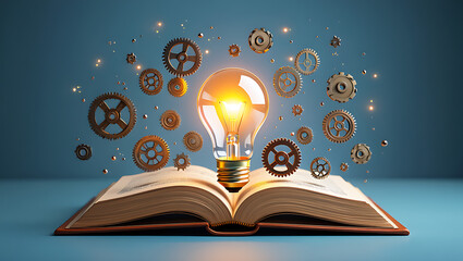 Illuminating Ideas: The Fusion of Knowledge and Innovation, Lightbulb gears and open book on a blue surface