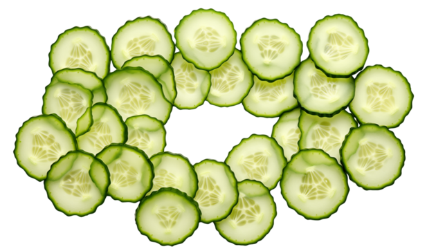 Circular arrangement of fresh cucumber slices on a transparent background creating a ring shape