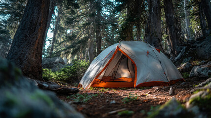 Best Tents for Summer Camping. A camping tent pitched in a lush forest with sunlight shining through tall trees, surrounded by rocks and greenery, symbolizing outdoor adventure.