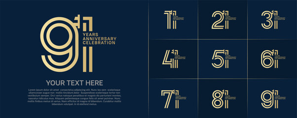 Anniversary logo type set with double line number. golden color for celebration event