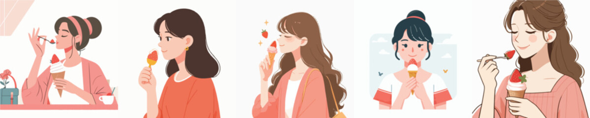vector of a woman eating strawberry ice cream