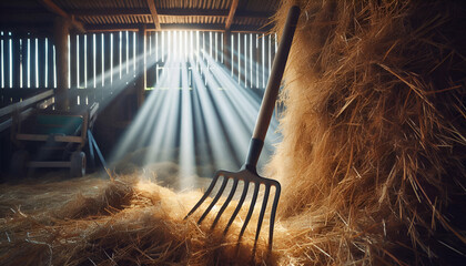 Pitchfork stuck upright in a haystack in a countryside barn with sunbeams entering through wooden planks.