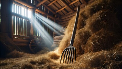 Pitchfork stuck upright in a haystack in a countryside barn with sunbeams entering through wooden planks.