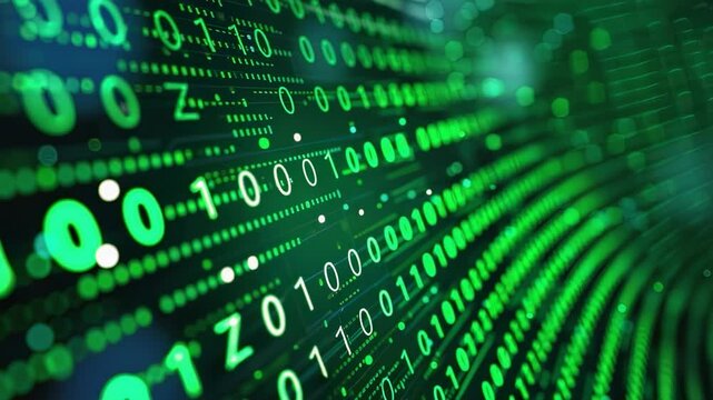 Abstract digital background with green binary code flowing, data stream visualization, futuristic technology concept