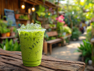 Ice matcha tea before a cafe background