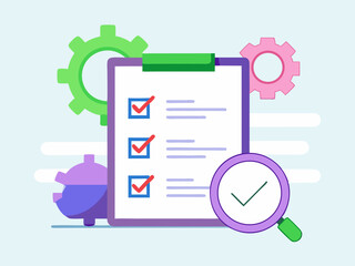 Simple flat design concept of quality control checklist under magnifier with supporting graphics