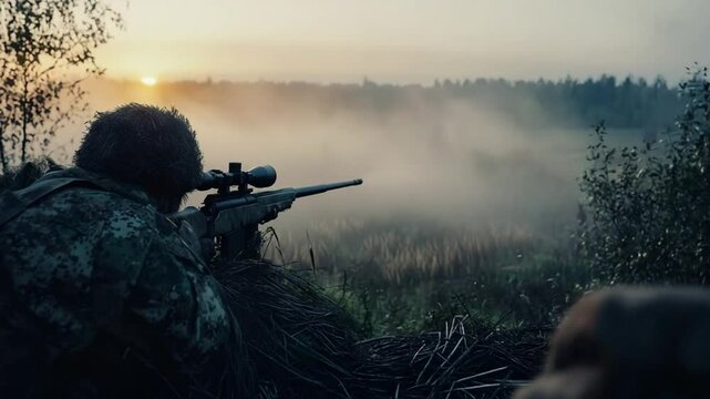 Camouflaged sniper aiming precision rifle during tactical operation at sunrise scenery