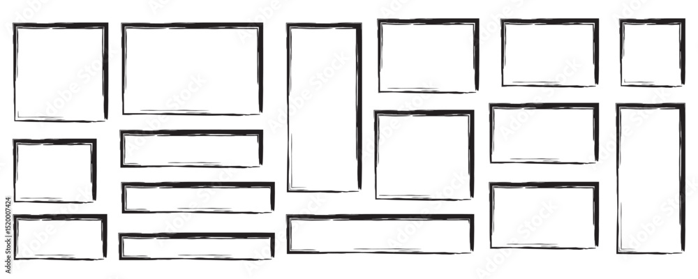 Fototapete Set of rectangular grunge brush template. Rectangle brush stroke, ink paint brush, grunge lines. Black square shapes ,Collection of square rectangles brush shape vector isolated on white background