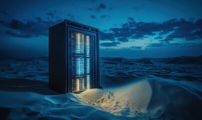 Desert server farm at night, data center, storage, computing, technology